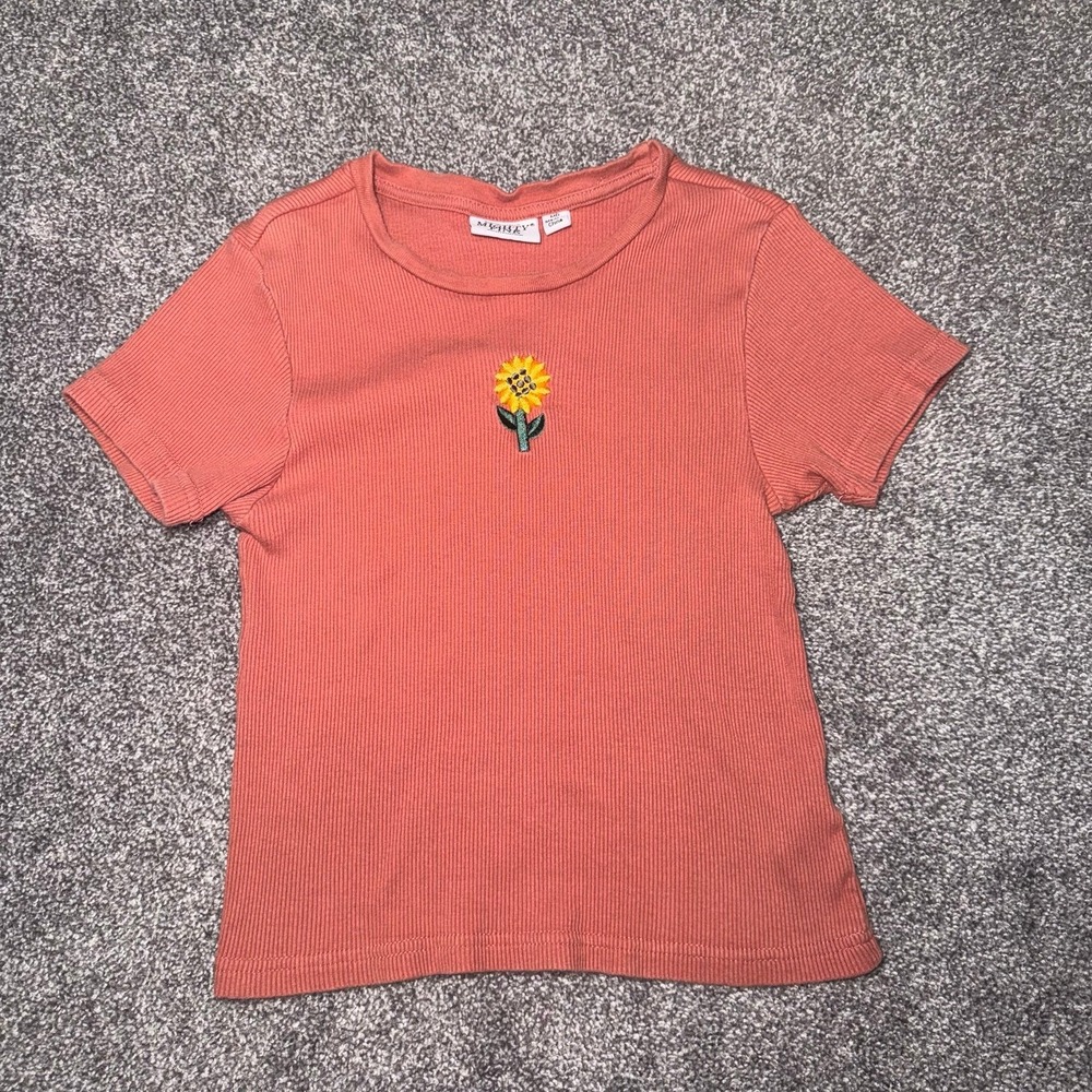 Mighty Fine Rust-Orange Short Sleeve Ribbed Baby Tee w/ Embroidered Sunflower MD